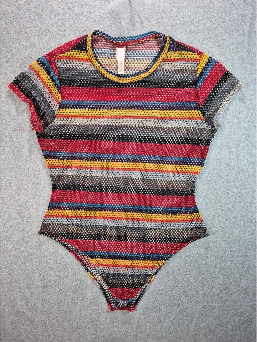 Cacia Multicolor Striped Mesh Bodysuit 2X Sheer Short Sleeve Snap Closure
